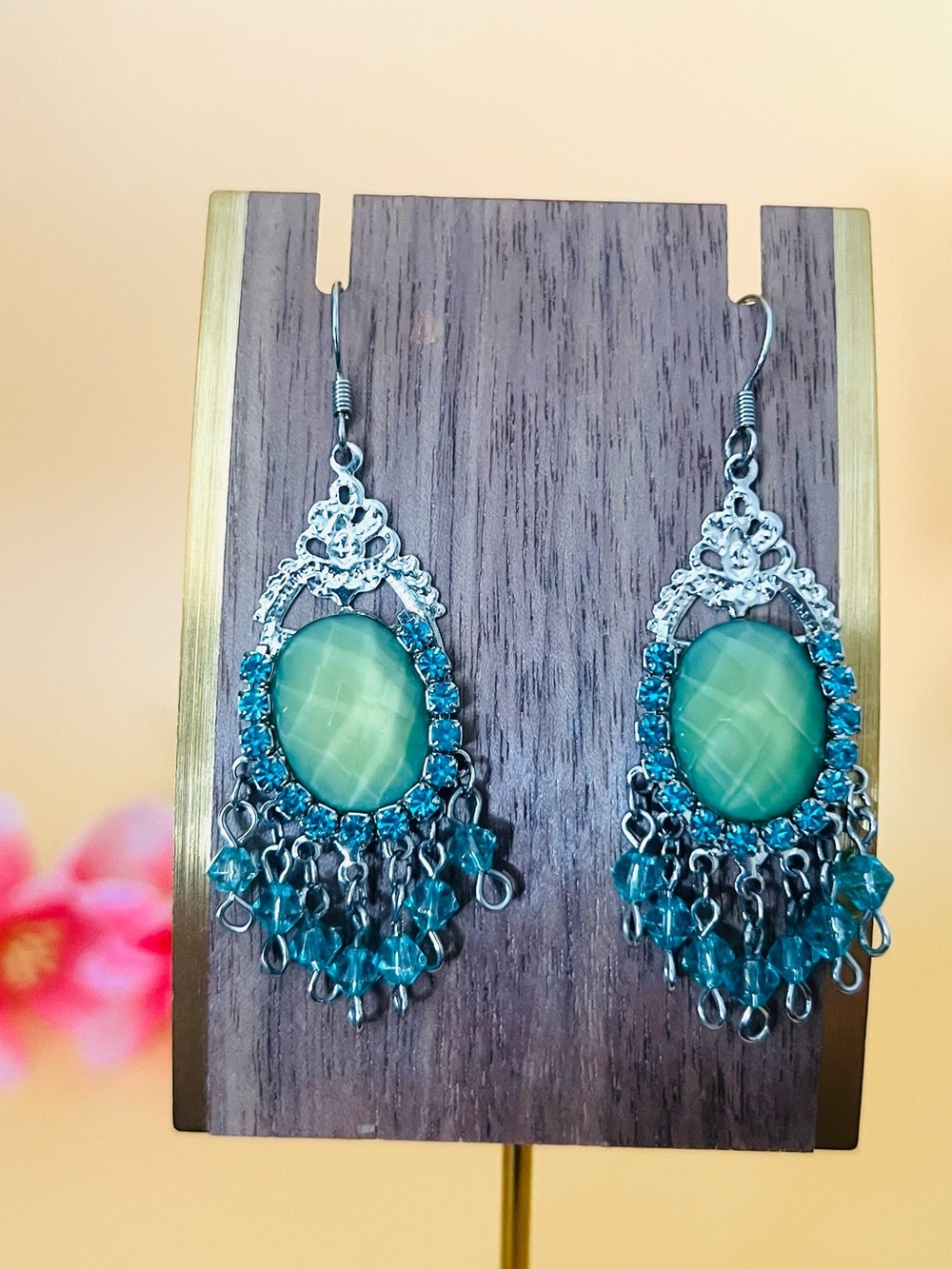 Long green gypsy design earrings silver tone